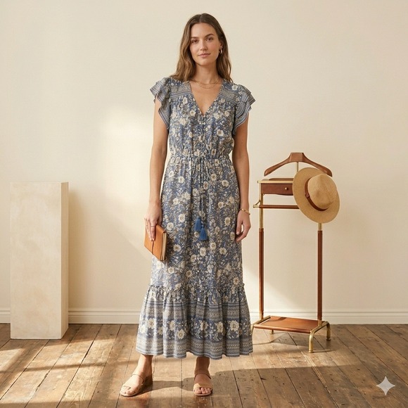 Veronica Beard Dresses & Skirts - Veronica Beard Tinzia Floral Midi Dress Women Large Blue Boho Ruffle Tassels